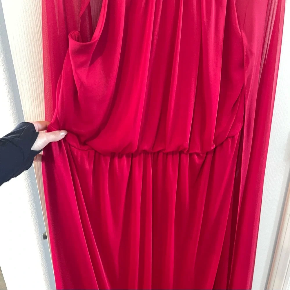 R&M Richards Sheer Cape Vibrant Red Dress with Embellished Trim